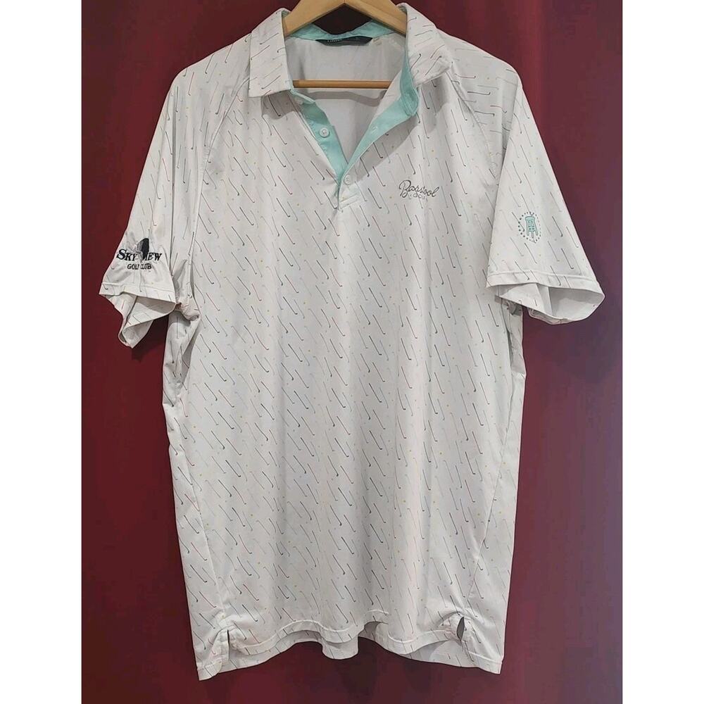 Men's UNRL Shirt White AOP Polo Barstool Golf Performance Stretch Logo - Large